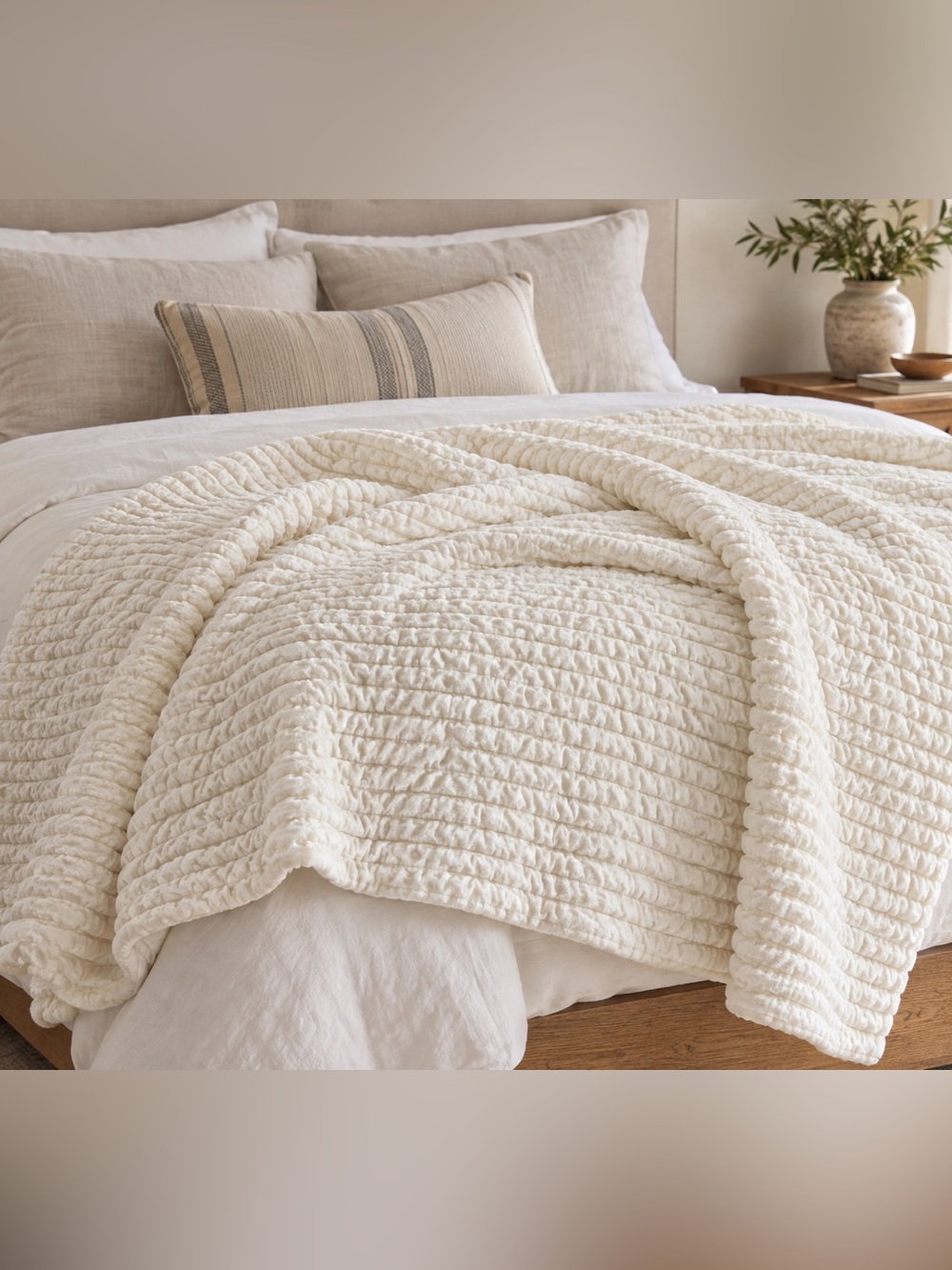 NWT Garnet Hill Velvet Dream Quilt Throw Ivory Cream 50” x 70”